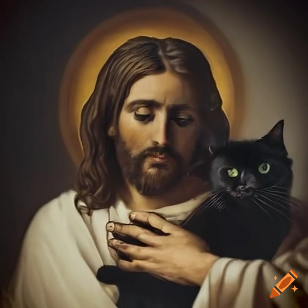 Representation of jesus holding a black cat on Craiyon