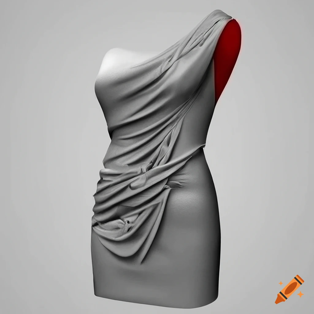 photorealistic close-up of a one-shoulder mini wrap dress in cloque fabric