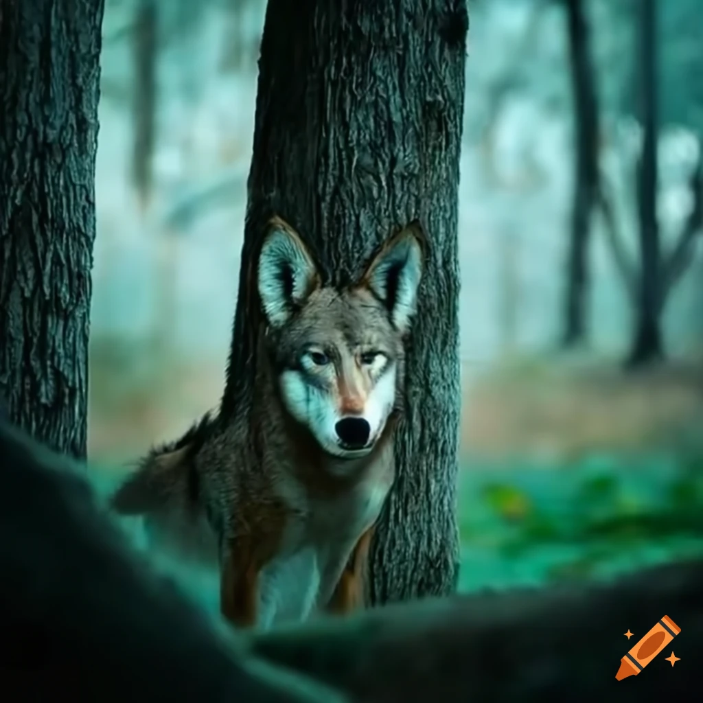 wolf observing from behind a tree