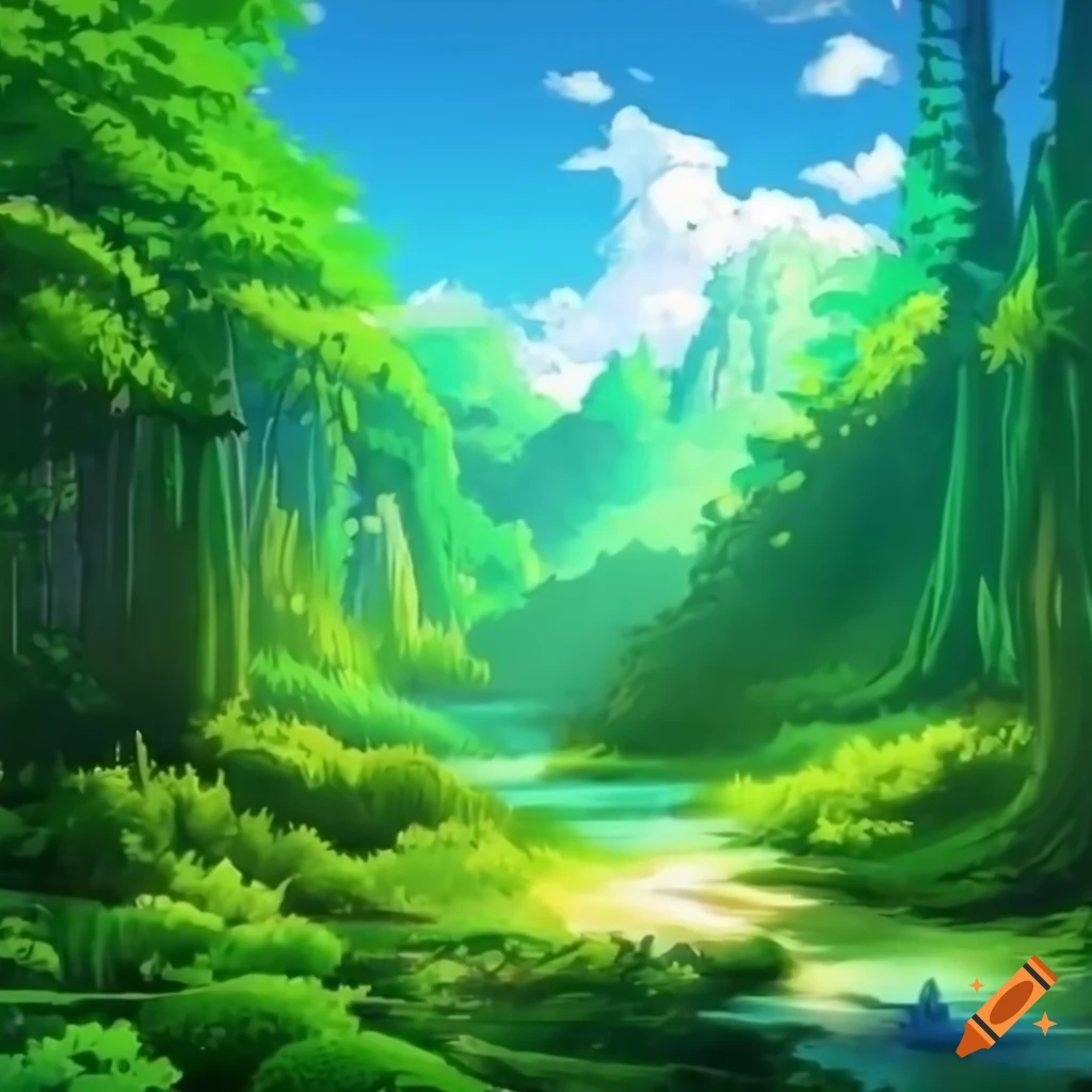 Anime landscape of a green forest on Craiyon