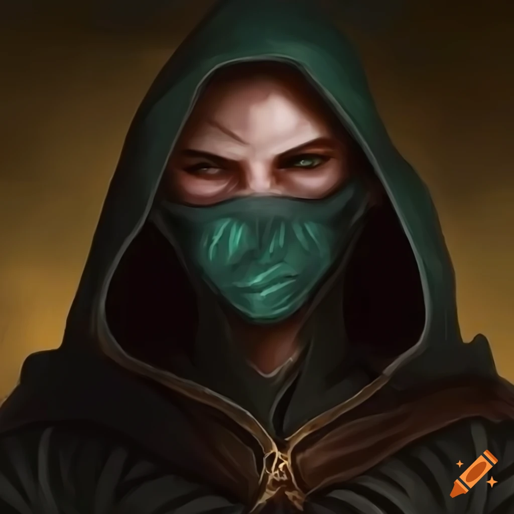 Character illustration of a hooded elf with a face mask on Craiyon