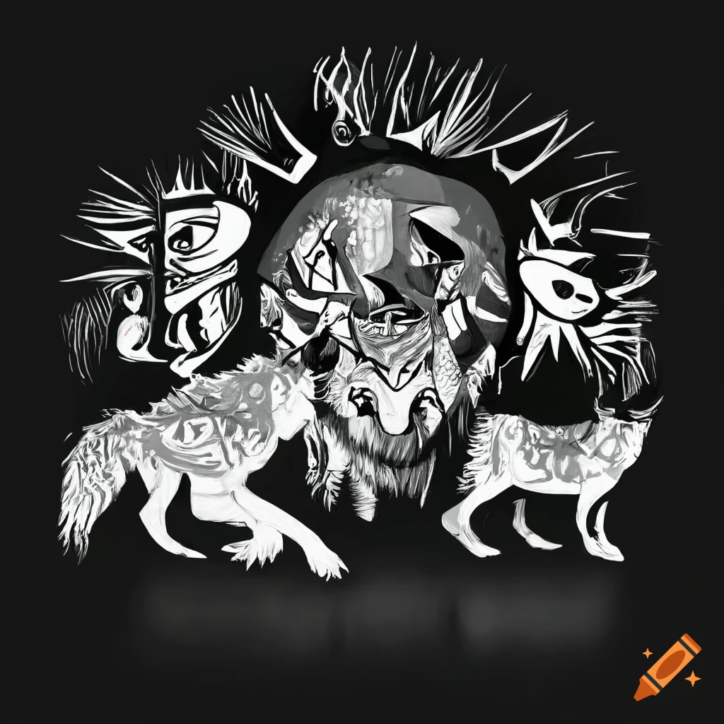 Black and white art of a group of wolves