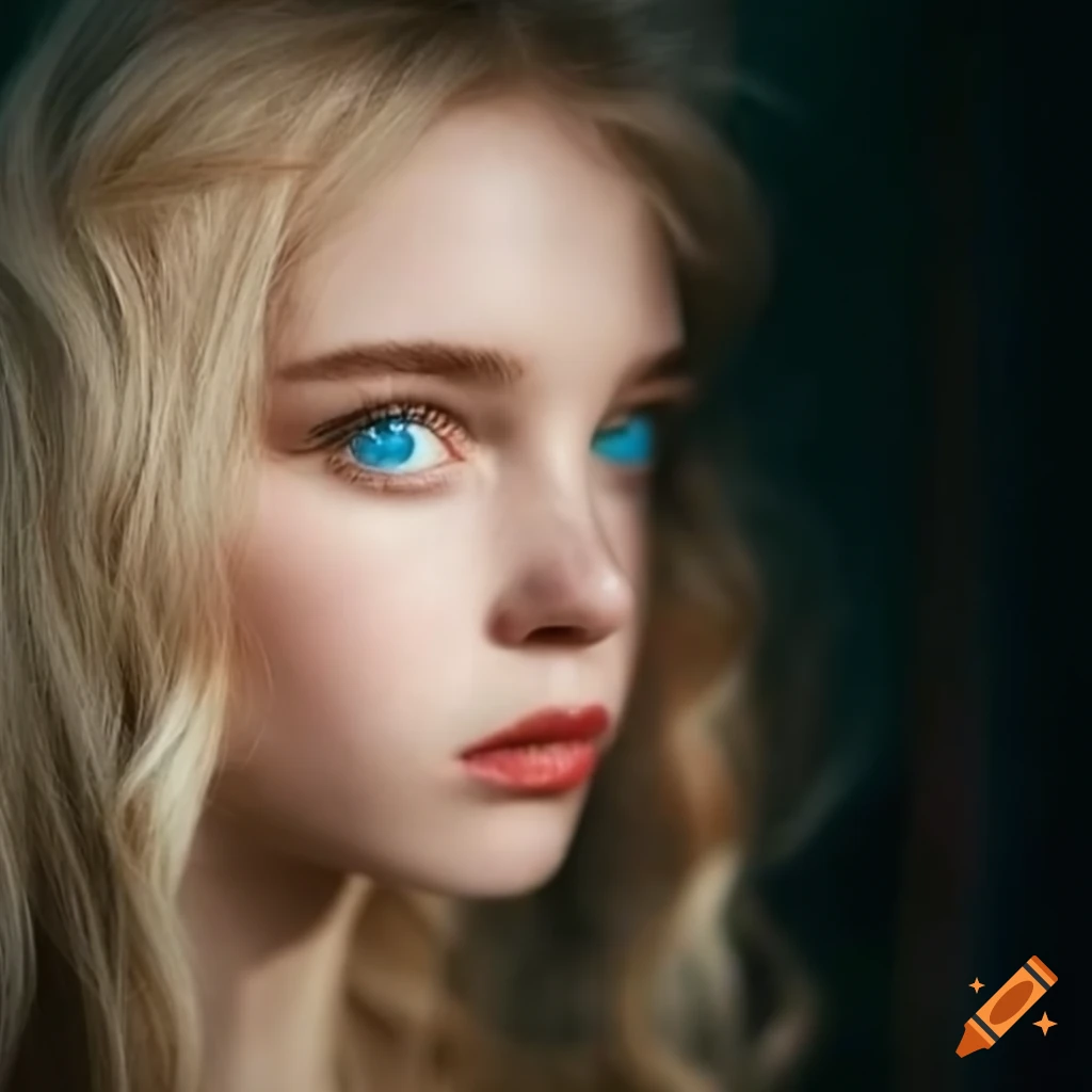 Portrait Of A Beautiful Girl With Blond Hair And Blue Eyes 