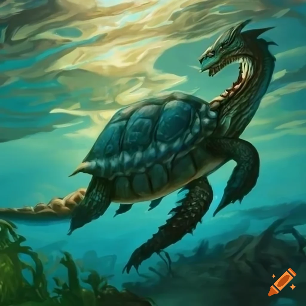 Detailed artwork of an aquatic dragon turtle