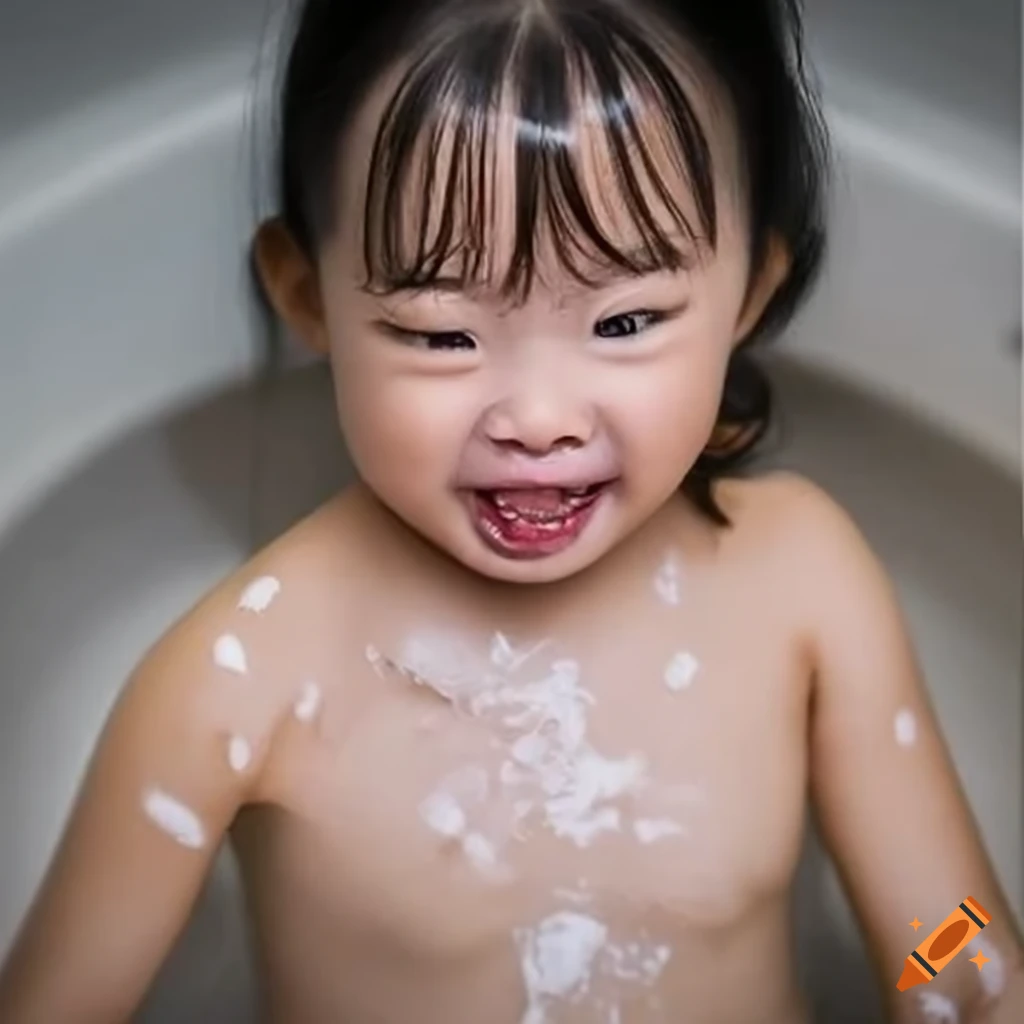 smiling Asian toddler girl enjoying bath time