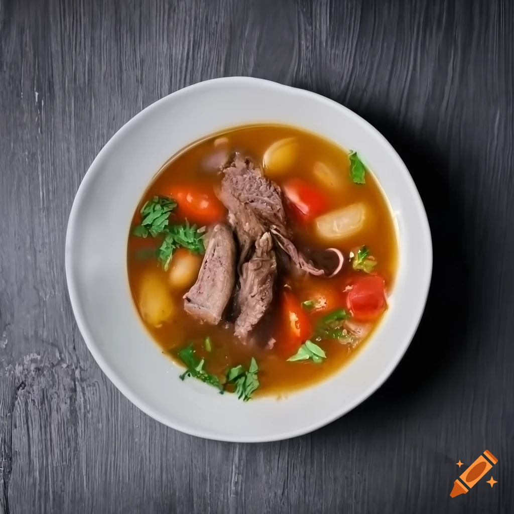 delicious lamb meat soup with vegetables and herbs