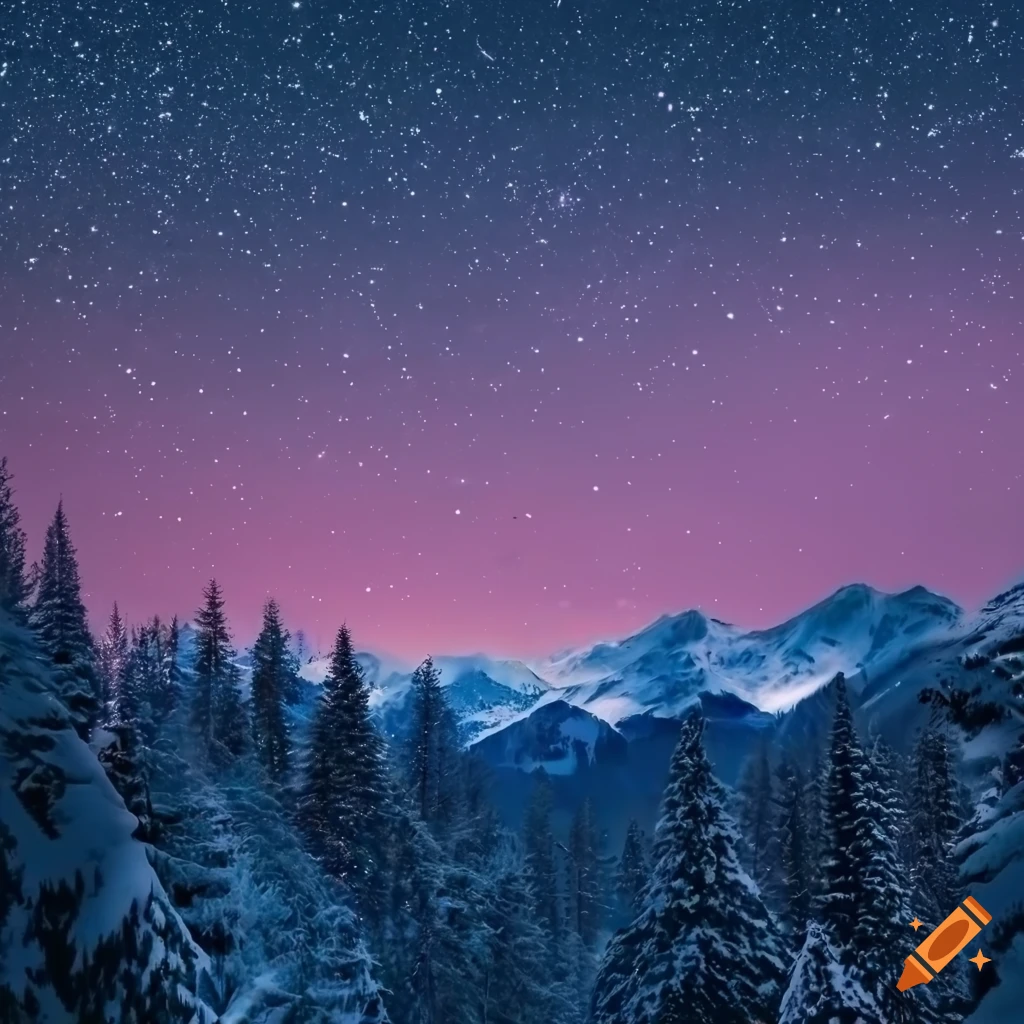 night sky over snowy mountains