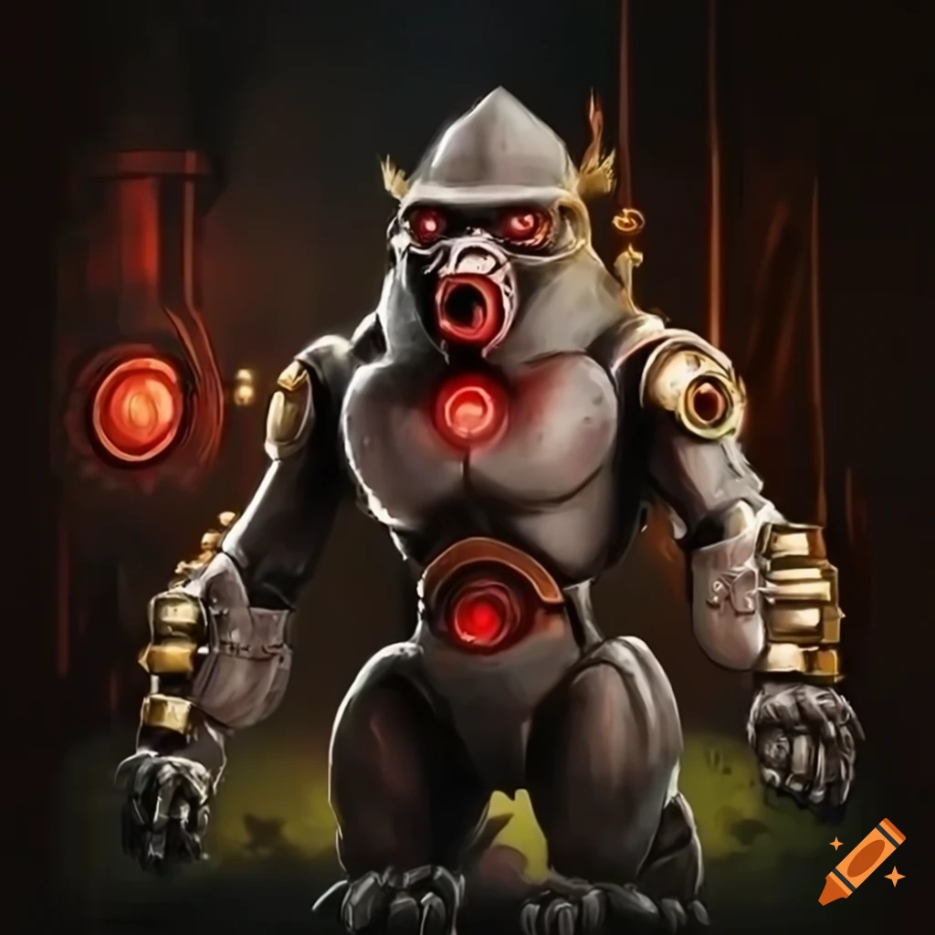 Steampunk robot gorilla with red eyes on Craiyon