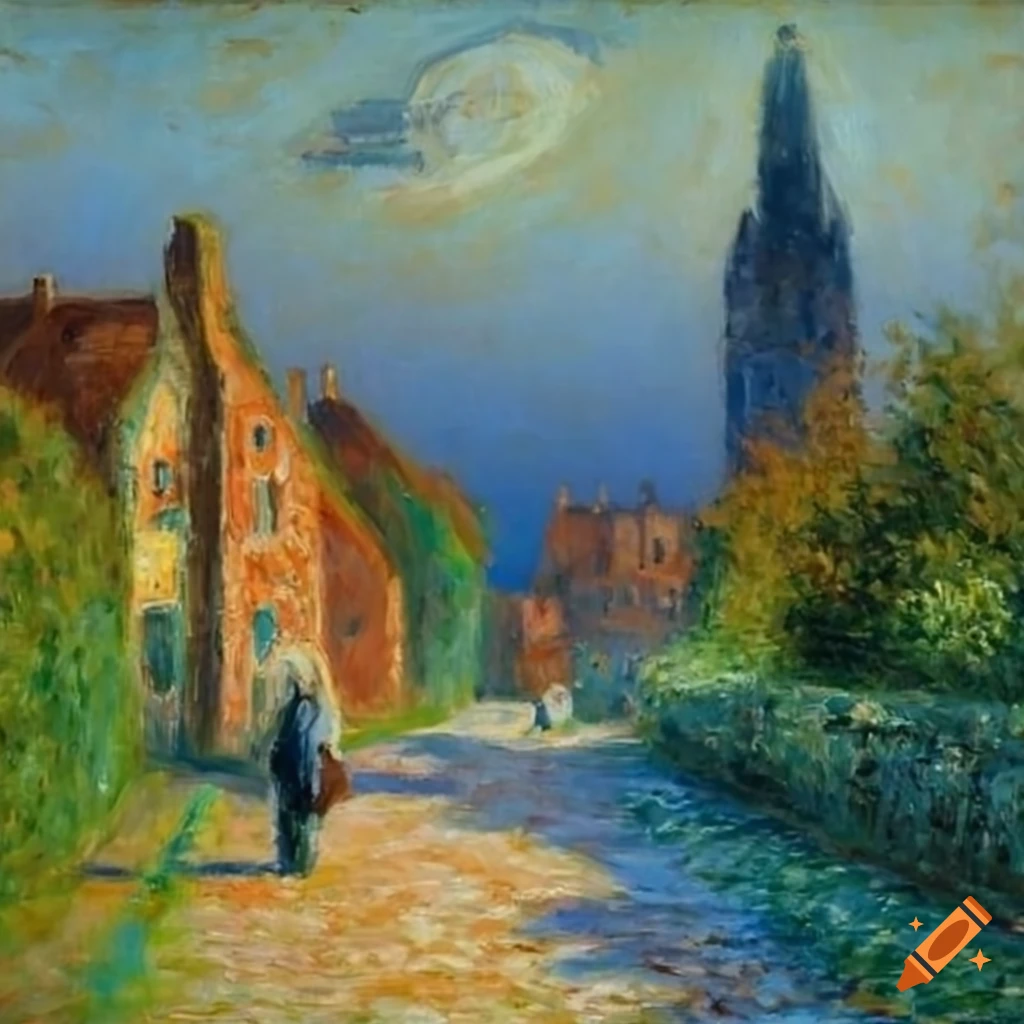Claude Monet's painting of a person walking a dog in a small town