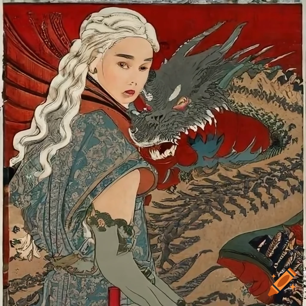 ukiyo-e style artwork of Daenerys and her dragon