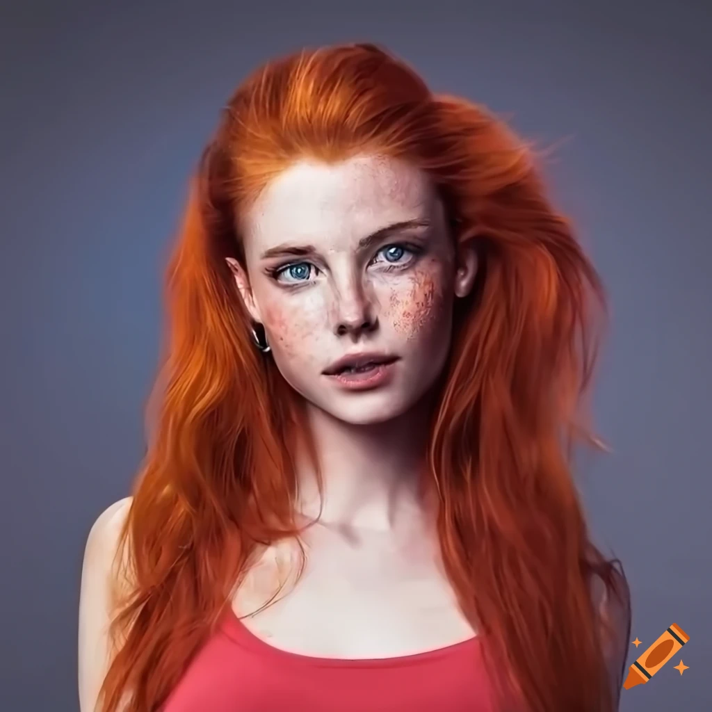 Portrait Of A Beautiful Young Woman With Red Hair And Freckles