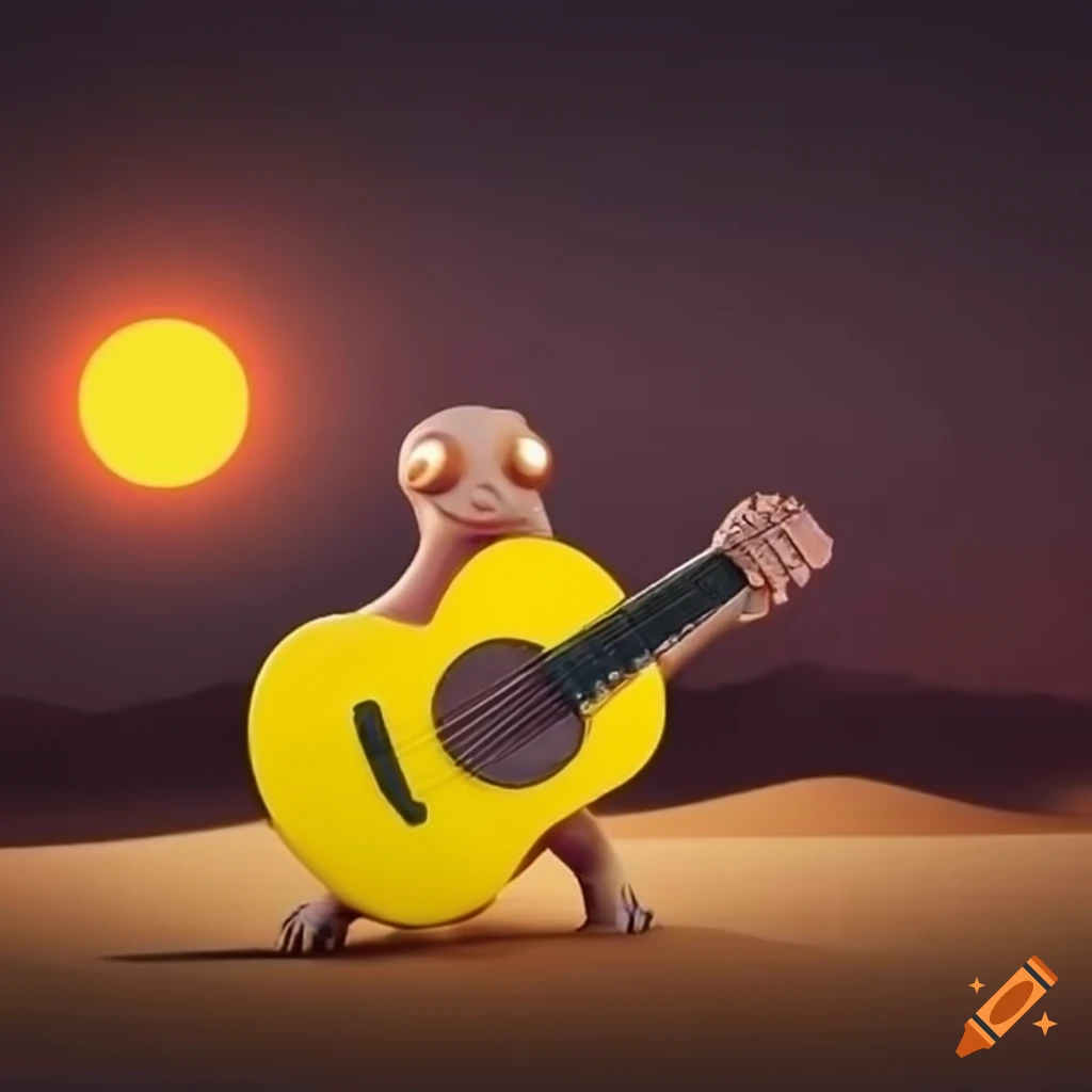 yellow monster mole playing guitar in a desert landscape