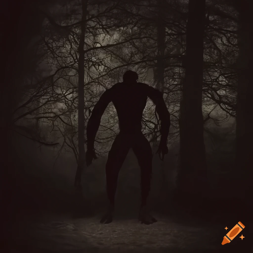 vintage dark art of a monstrous silhouette in the woods