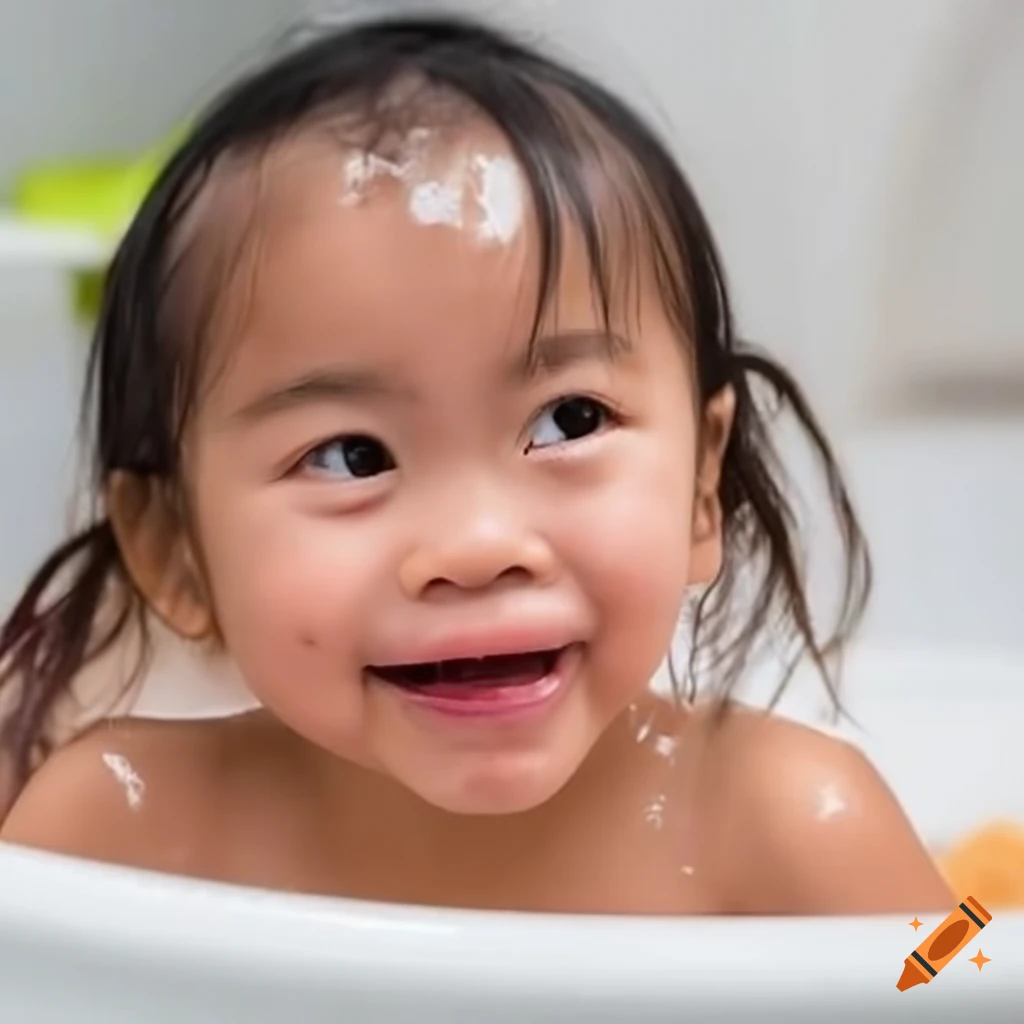 smiling toddler girl enjoying bath time with pigtails