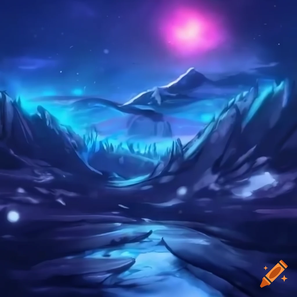 anime style depiction of an icy planet