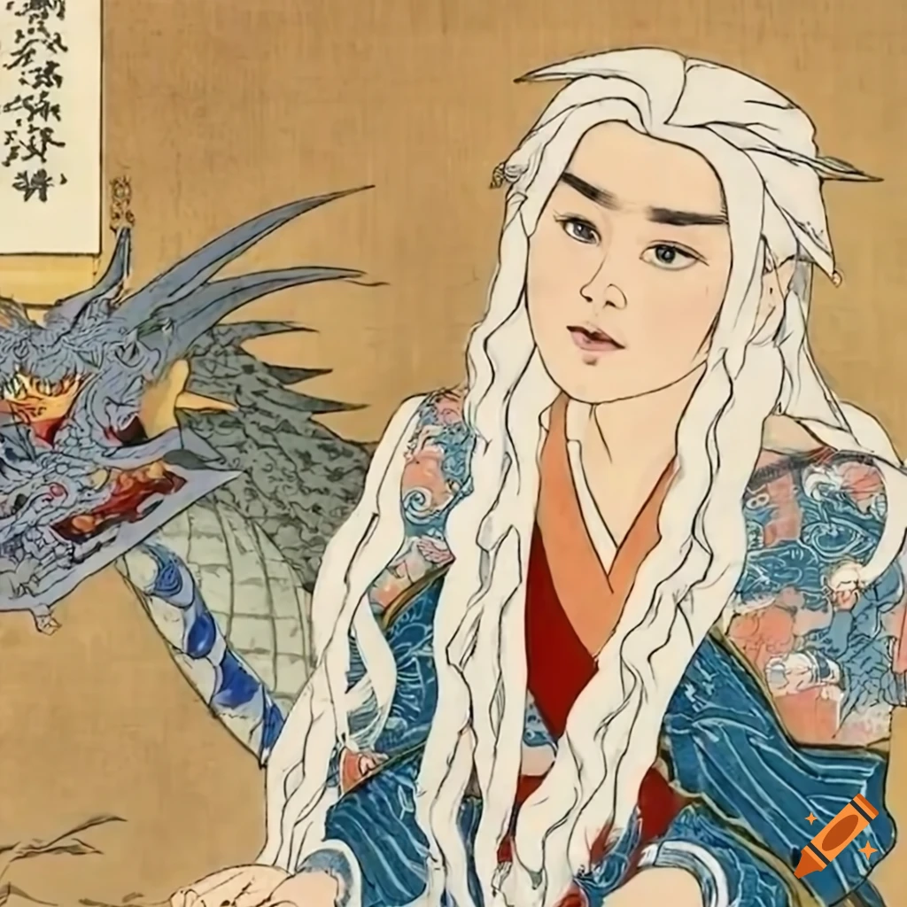 ukiyo-e style artwork of Daenerys and her dragon