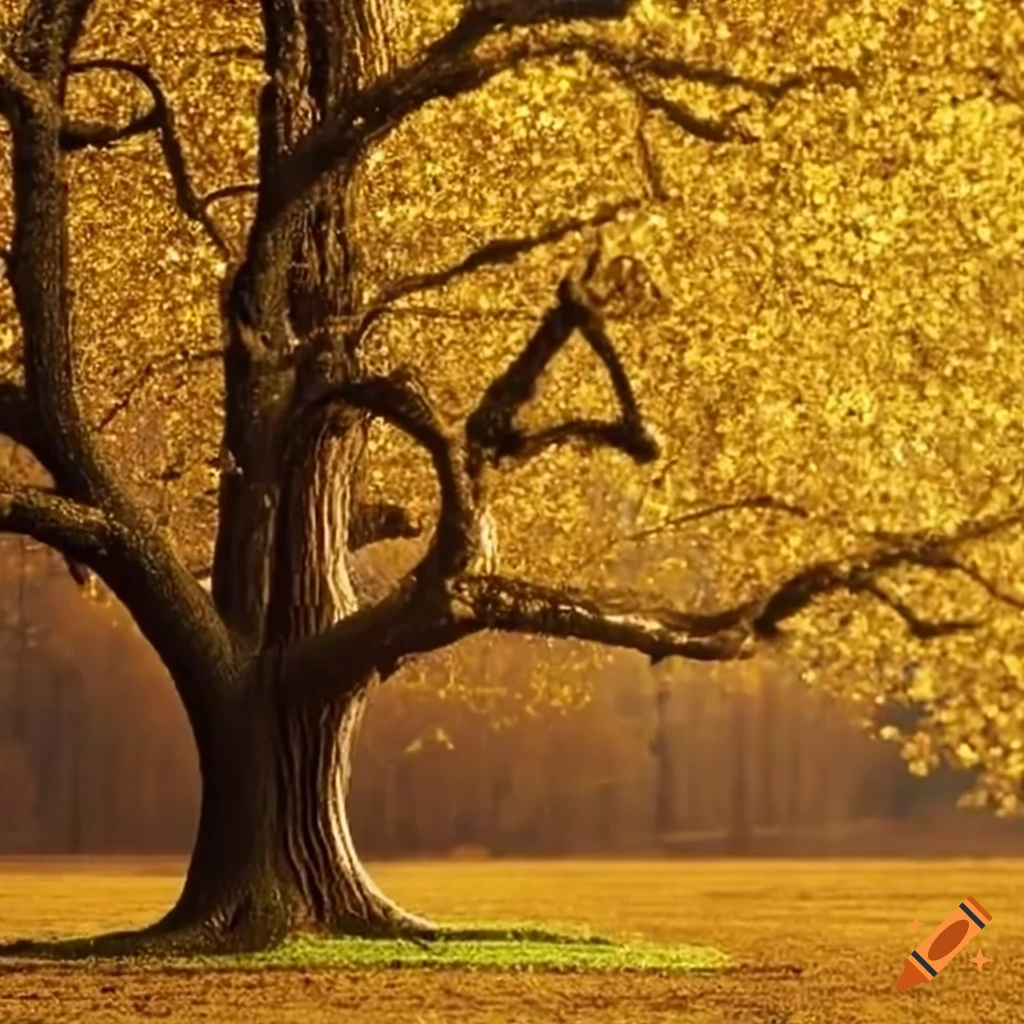 Golden oak trees in a sparkling landscape