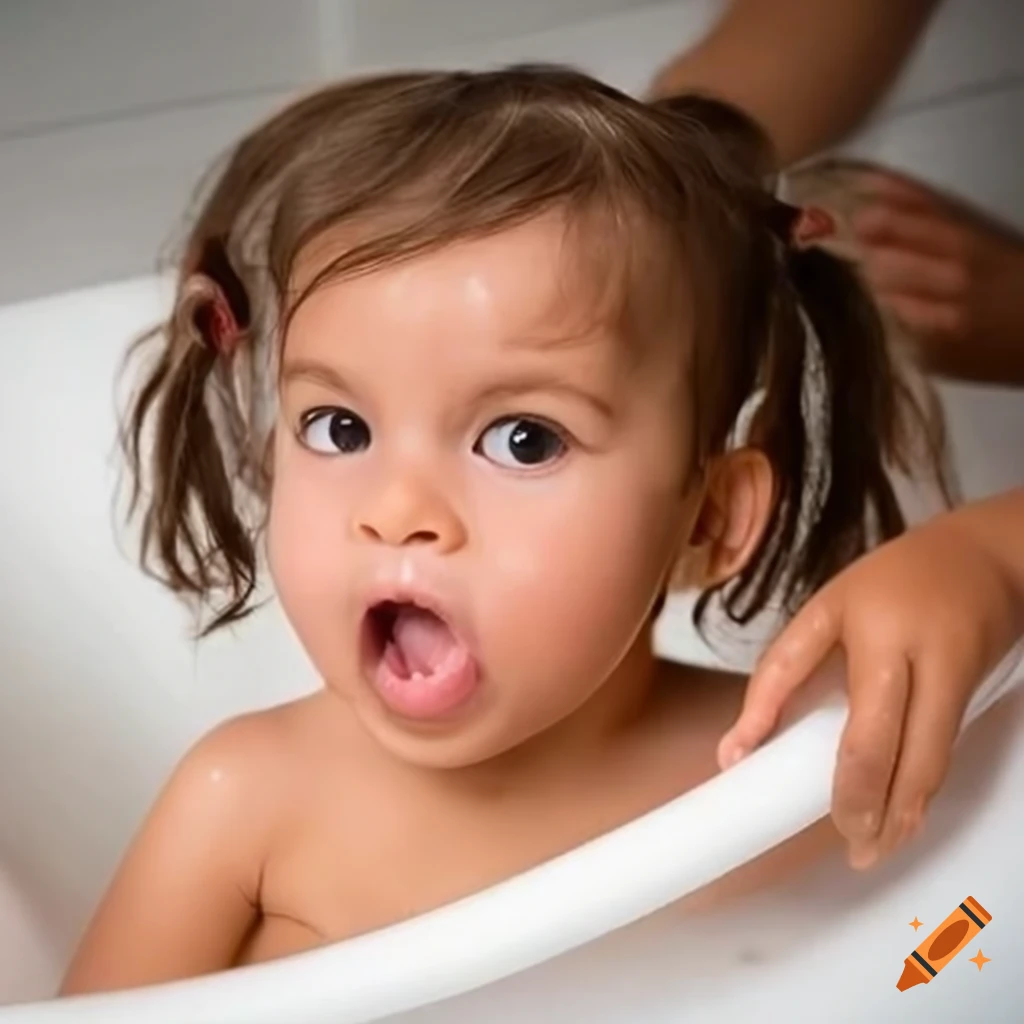 Brazilian toddler girl enjoying bath time with pigtails