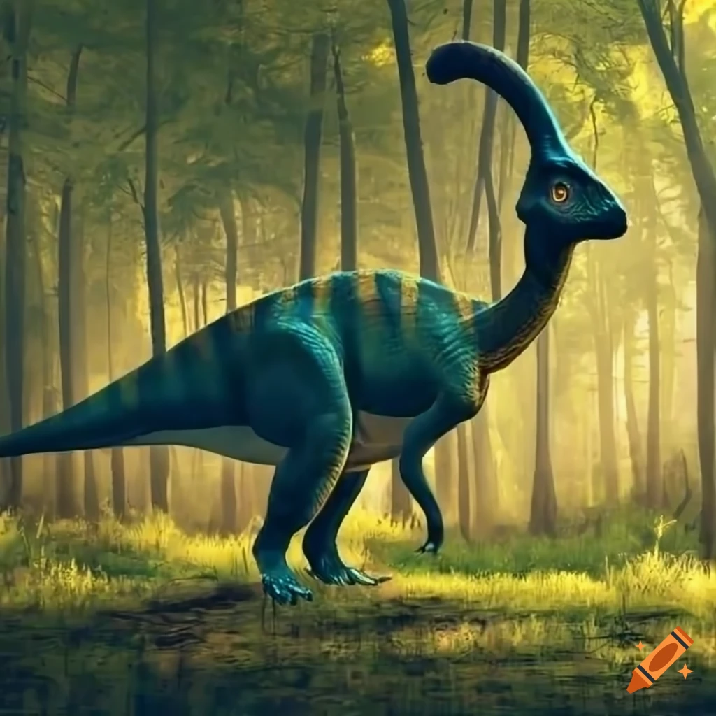 distant profile of a parasaurolophus in a forest