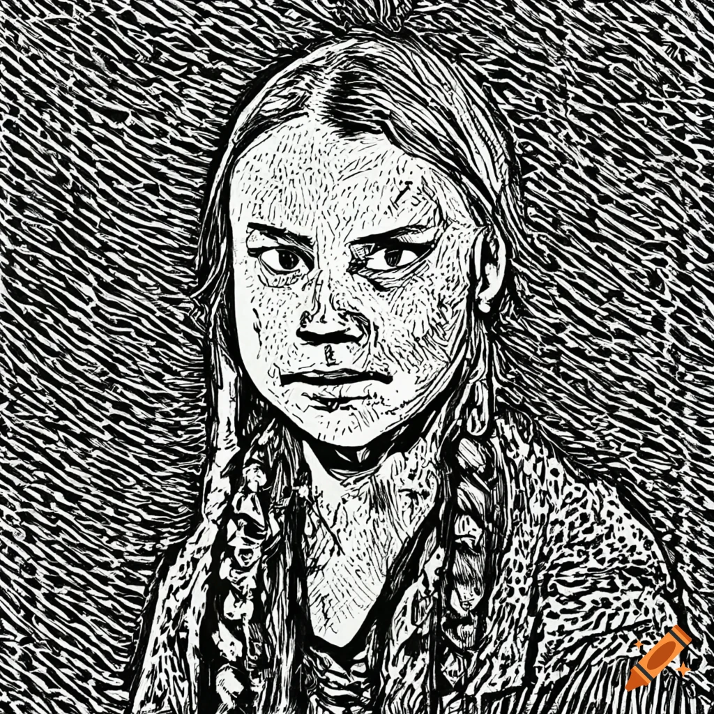 Black and white line art illustration of greta thunberg on Craiyon