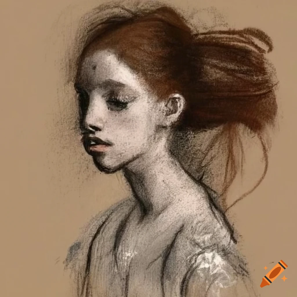 charcoal drawing of a girl with flowing hair