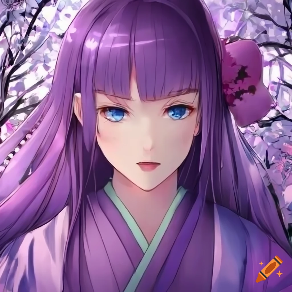 anime style portrait of a girl with purple hair and blue eyes