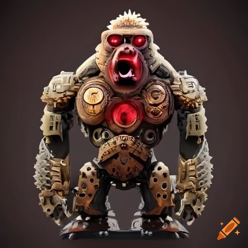 Scary steampunk robot gorilla with red eyes