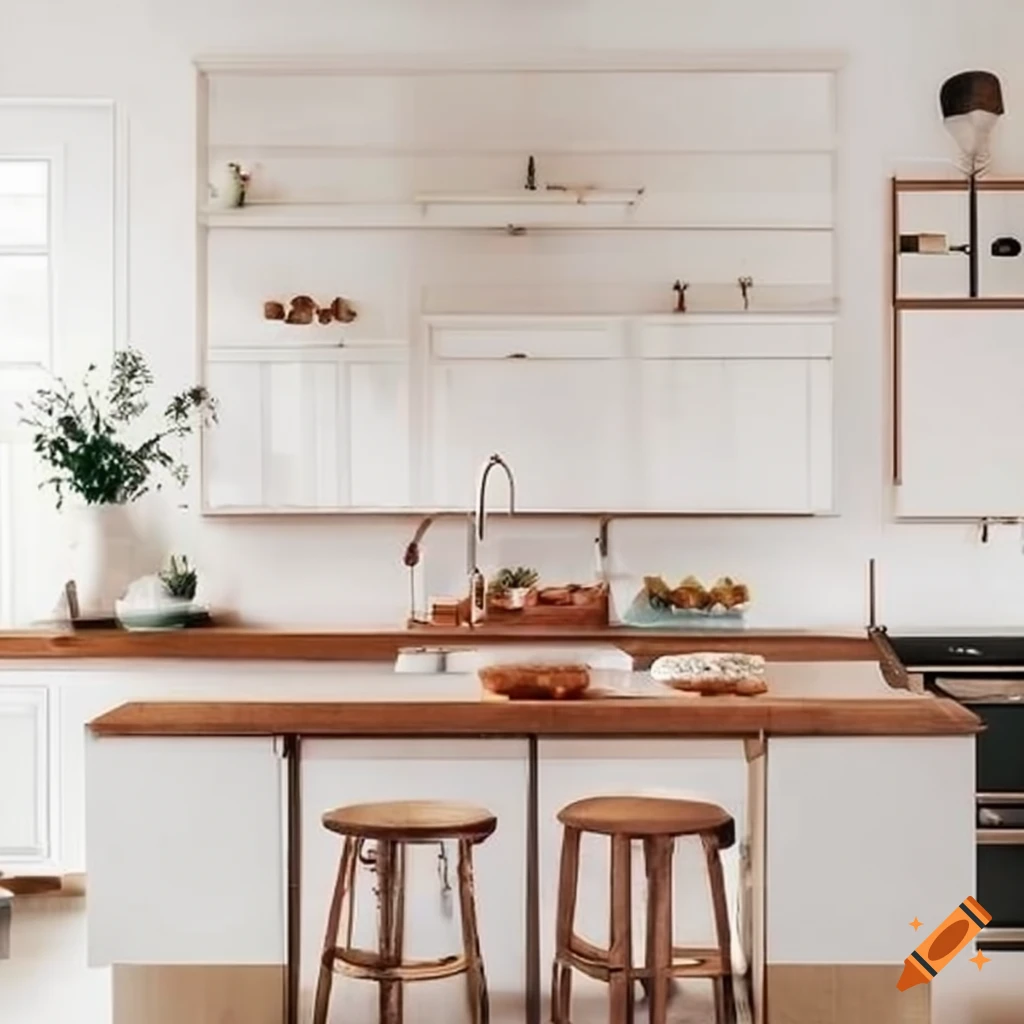 Interior view of a creative organic kitchen with natural elements and ...