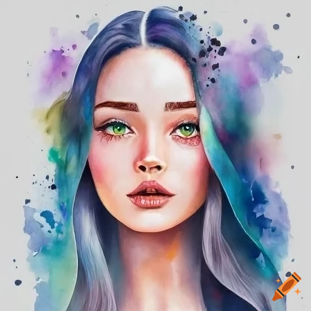 watercolor portrait of a girl with long hair in a fog