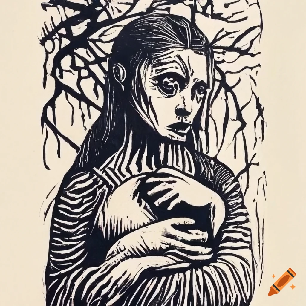 Linocut artwork titled 'the one who killed you, cultivated you, gave ...
