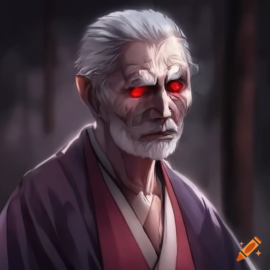 Portrait of an elderly man with grey hair and red eyes on Craiyon
