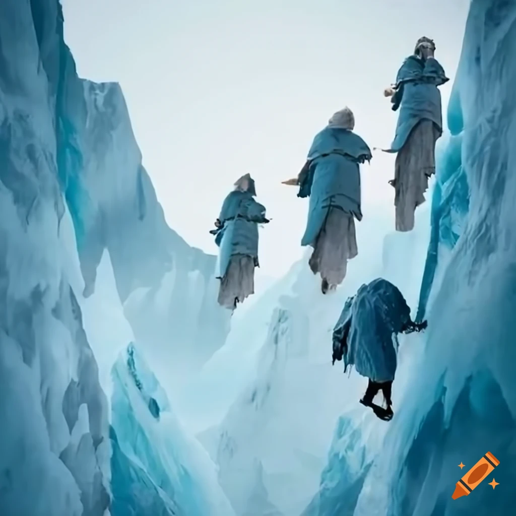 medieval climbers scaling steep cliffs against mountain backdrop