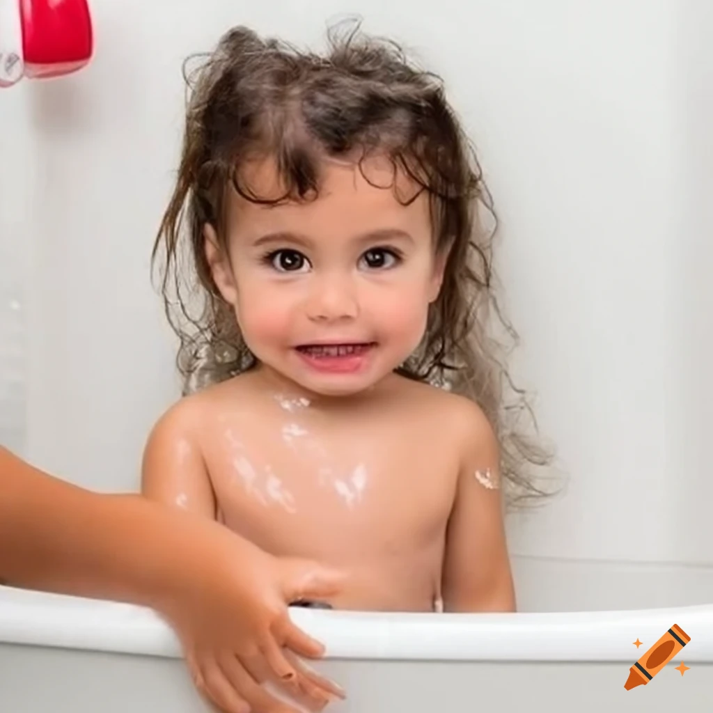 smiling Brazilian toddler girl enjoying bath time