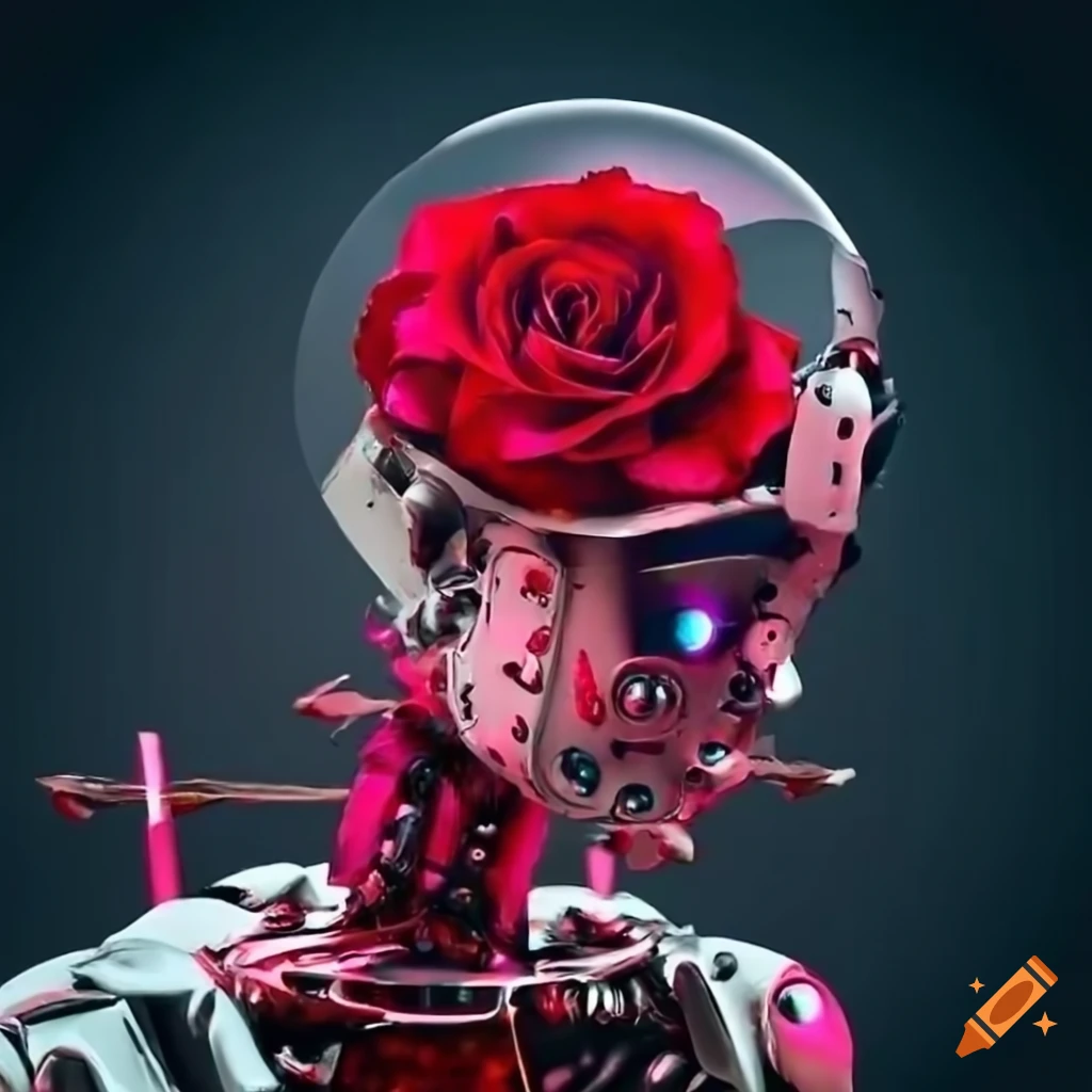 Robot covered in red roses on Craiyon