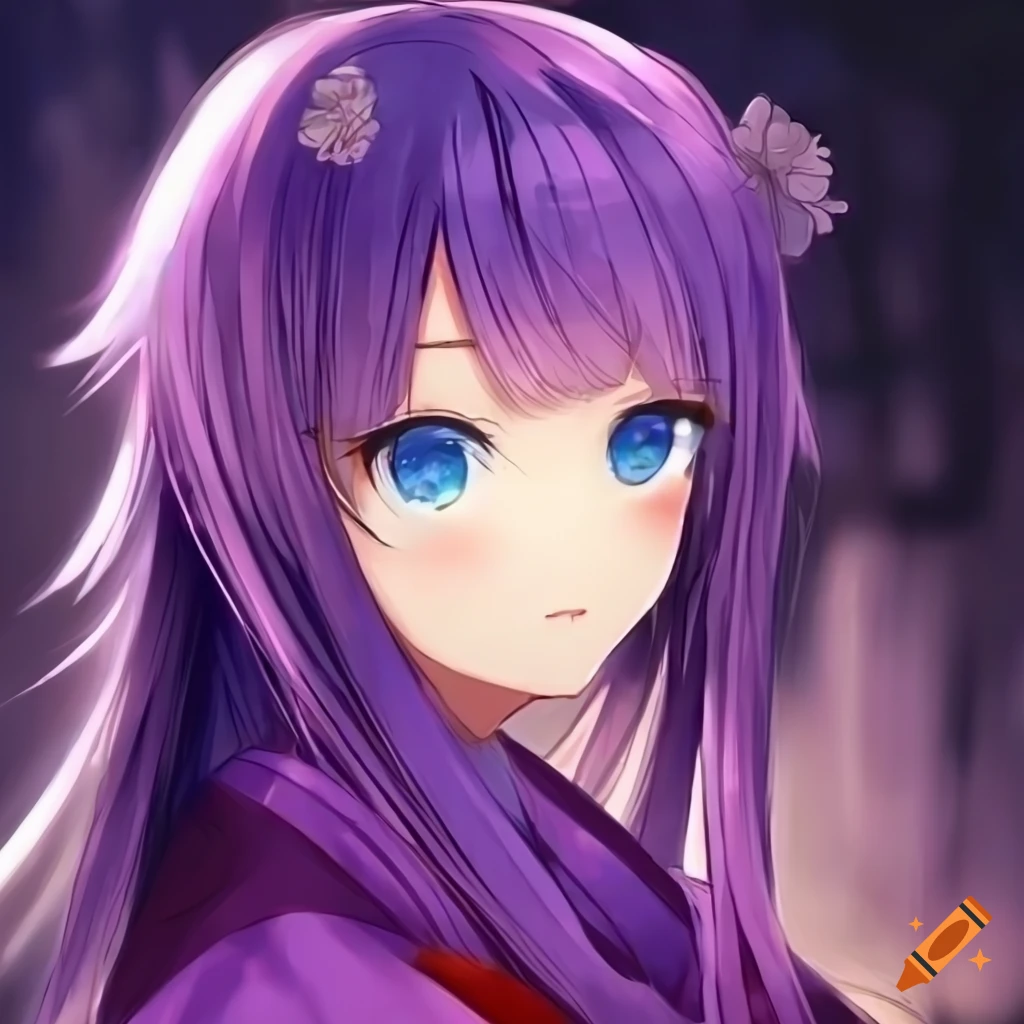 Anime-style portrait of a girl with purple hair and blue eyes on Craiyon