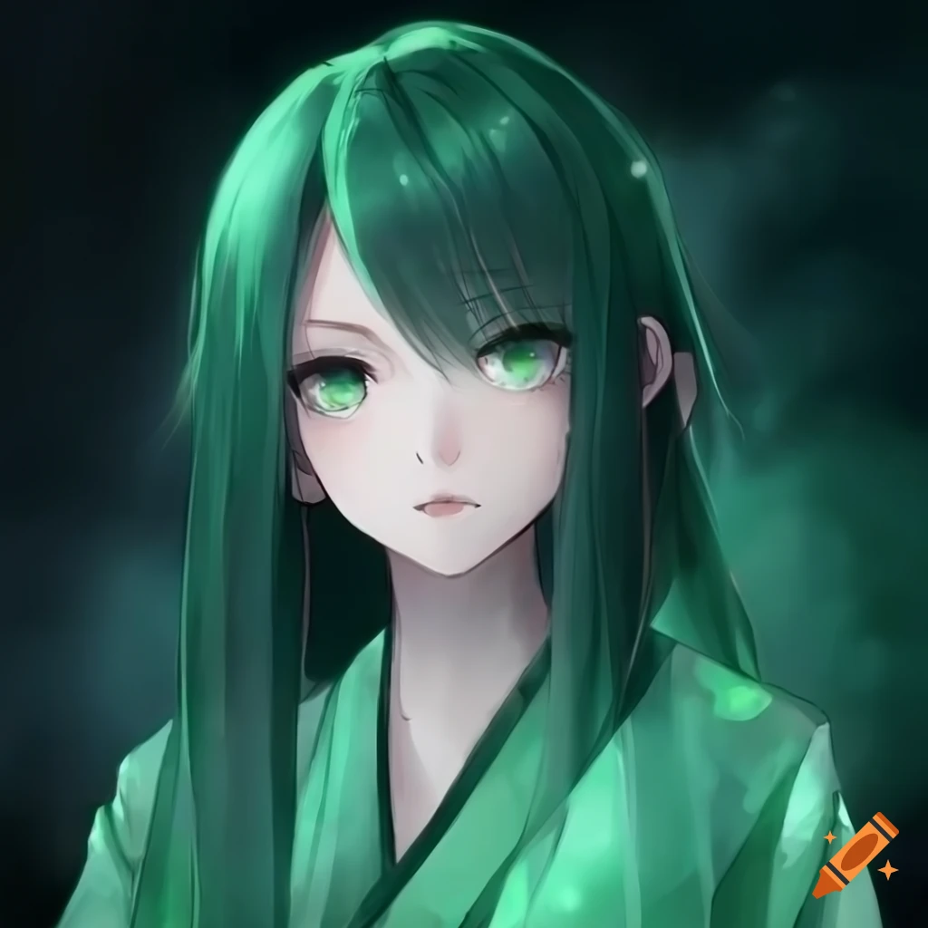 anime-style portrait of a girl with dark green hair
