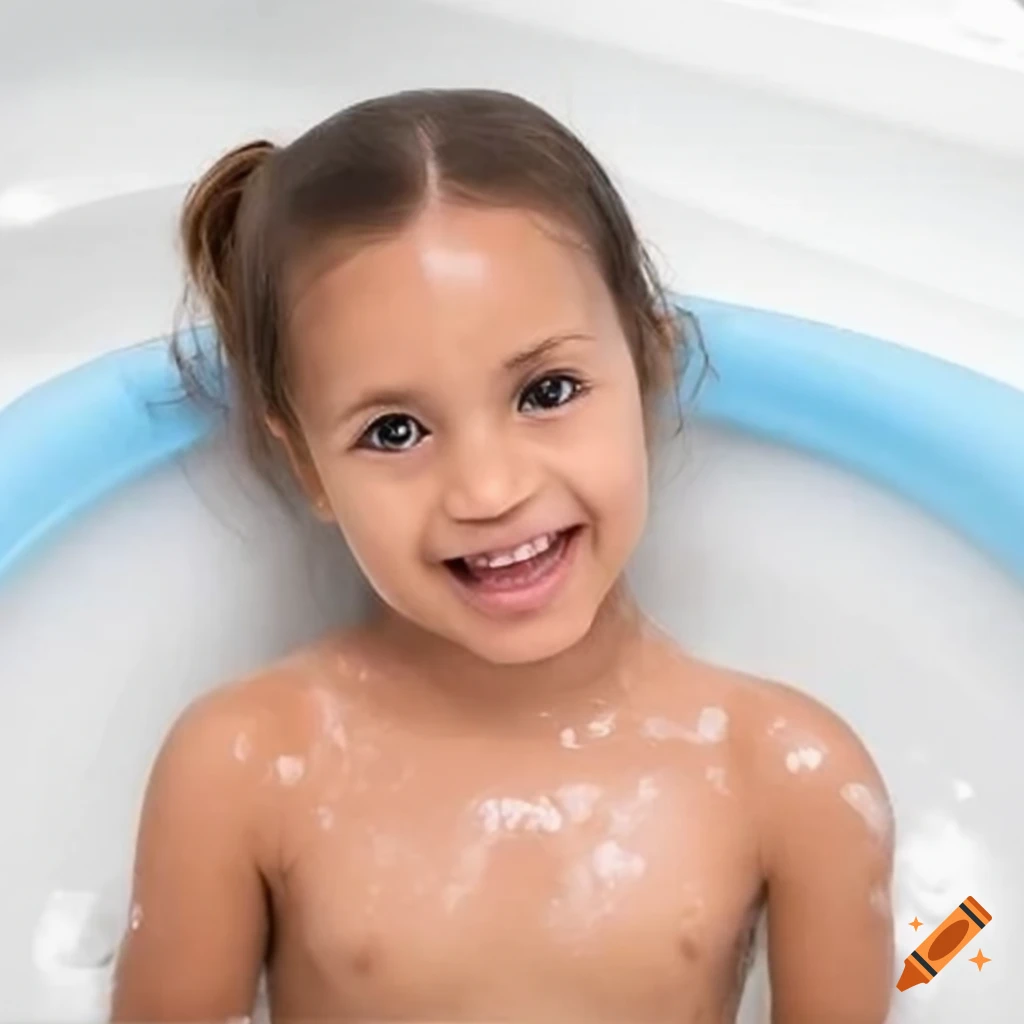 smiling toddler girl with pigtails enjoying bath time