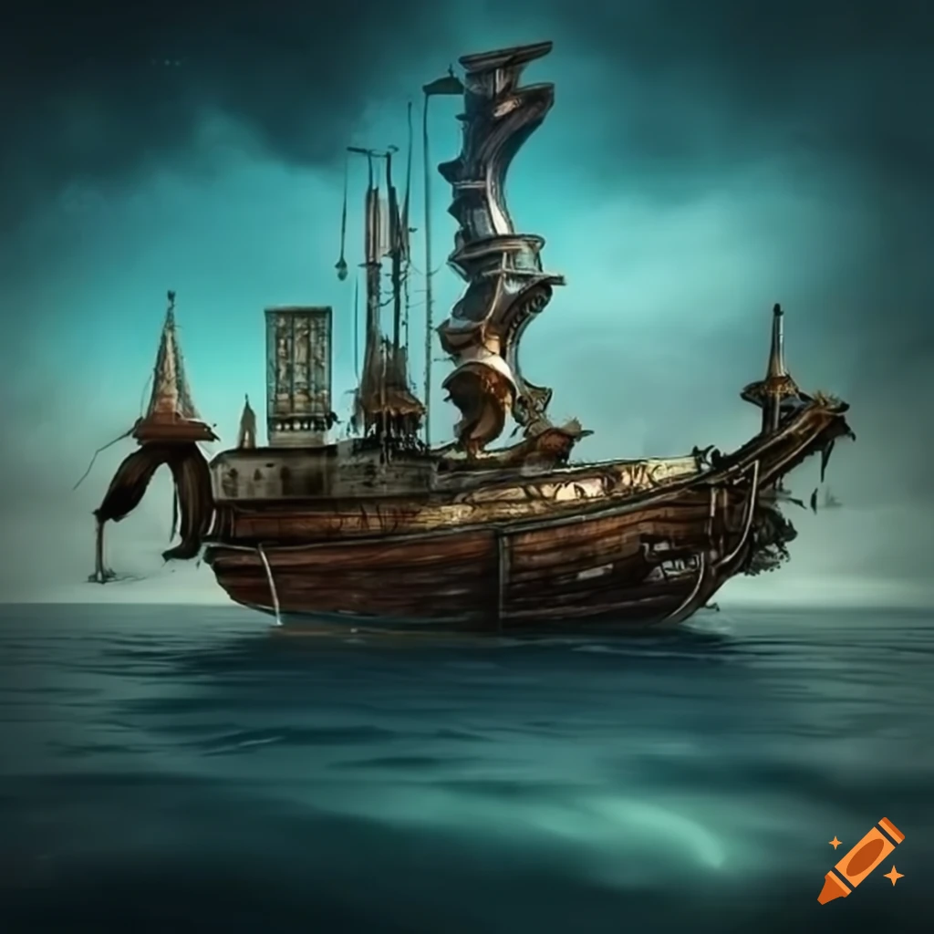Fantasy pirate ship in the shape of a salamander walking on a plain  terrain, digital artwork on Craiyon