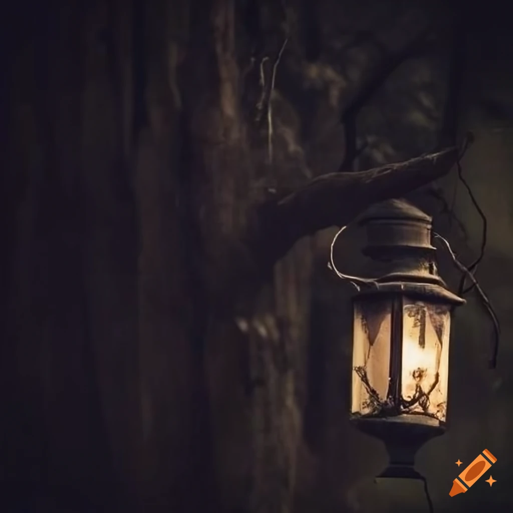dark vintage picture of a lantern hanging from a tree branch