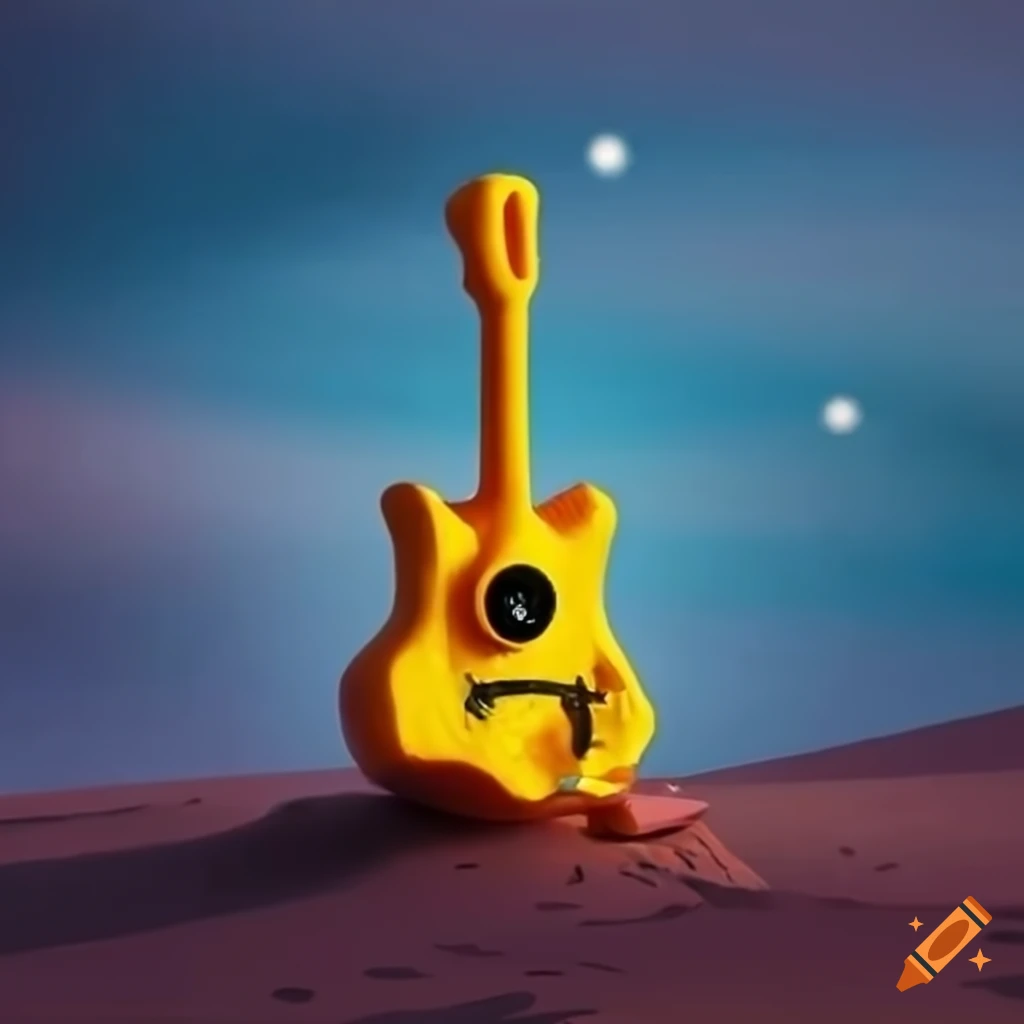 toy monster playing a yellow guitar in a desert