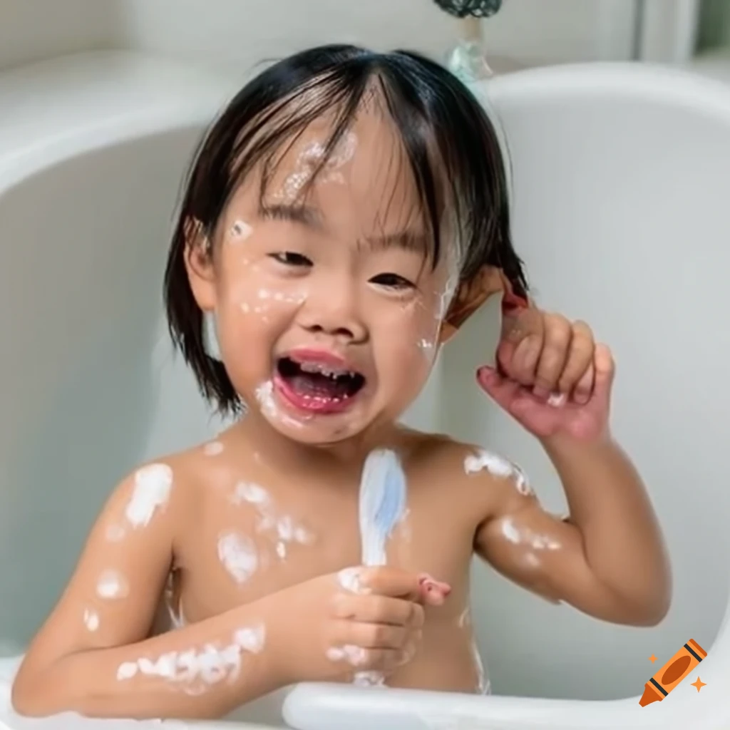 Asian toddler girl enjoying bath time with a white popsicle
