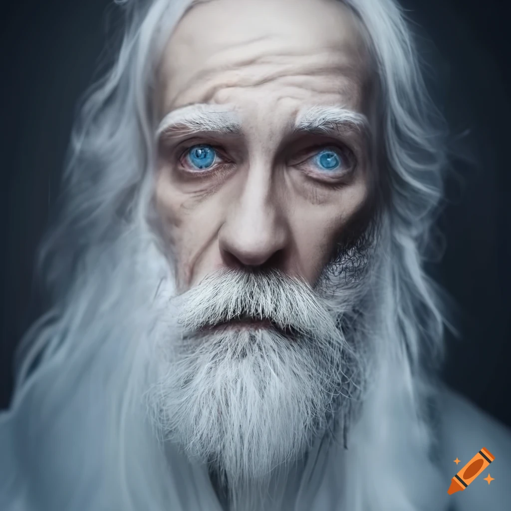 portrait of an old man with blue eyes and long white hair