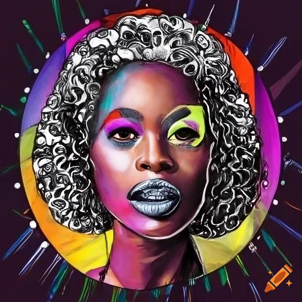 colorful pencil drawing of a 70s black woman in disco style