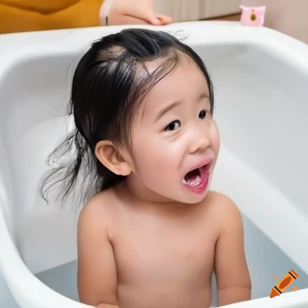 cute asian toddler girl enjoying bath time