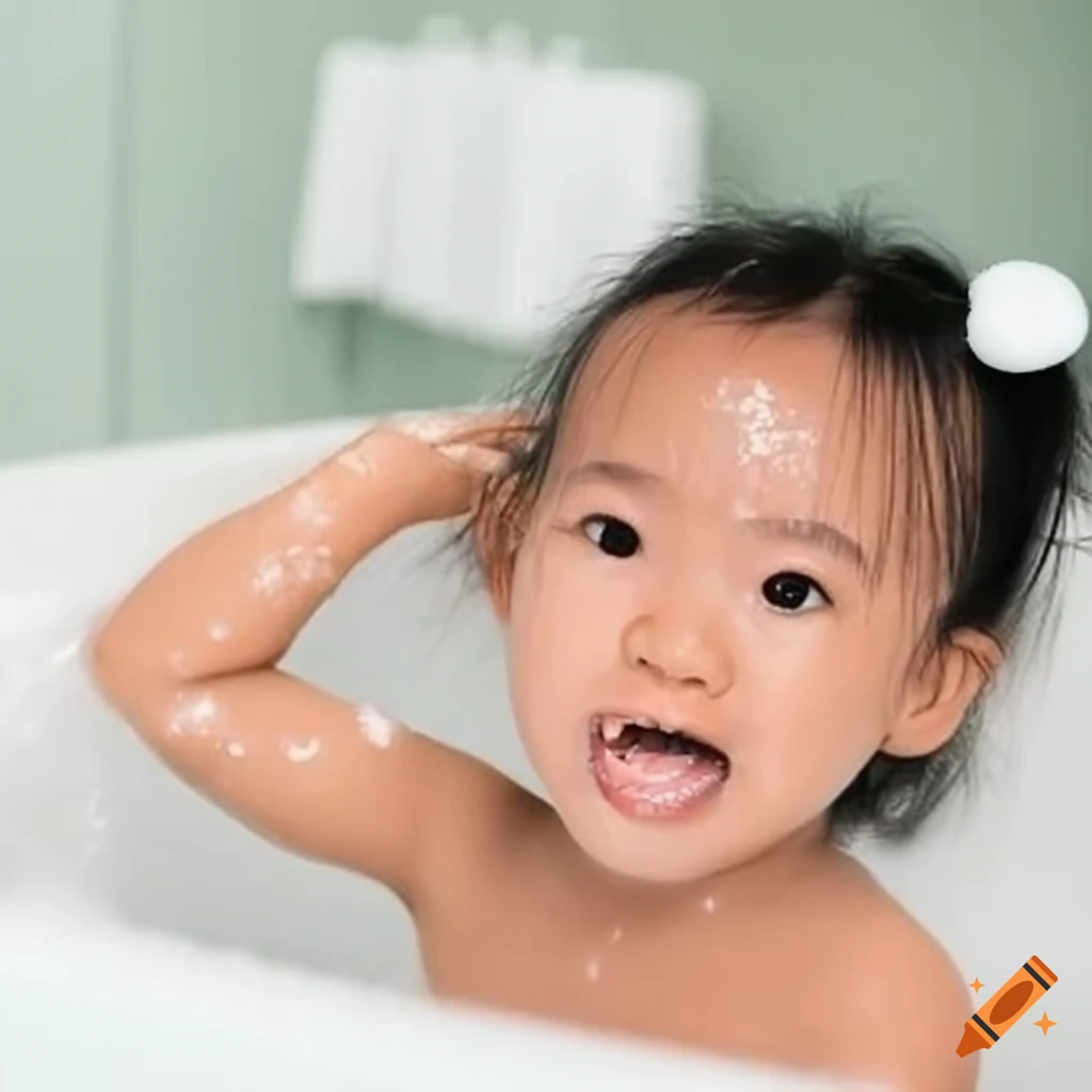 adorable Asian girl enjoying bath time with a popsicle