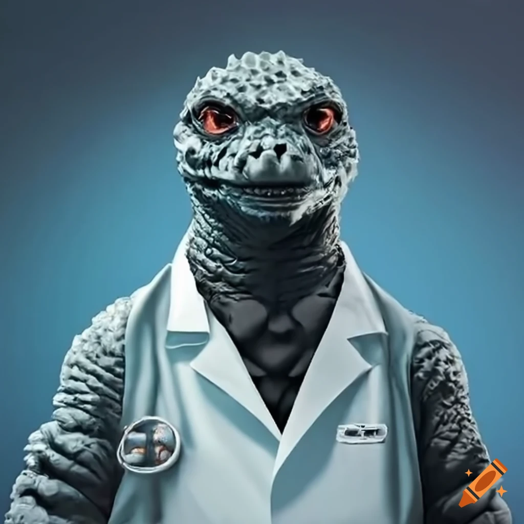 cartoon of Doctor Godzilla in a lab coat