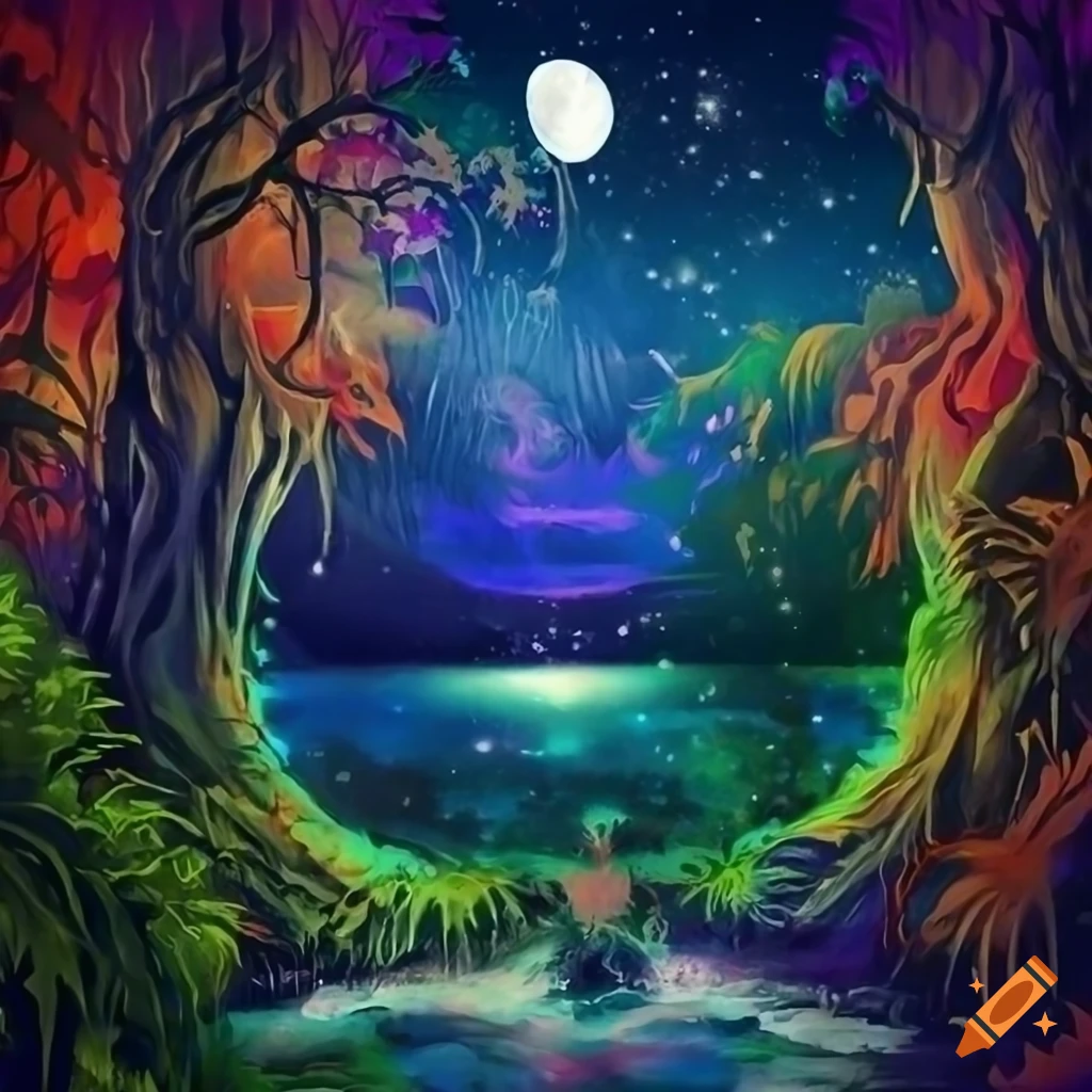 vibrant painting of a toten hunting at night