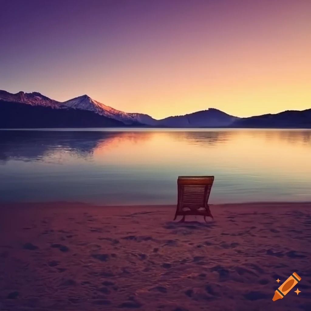 Scenic view of a beach with mountains and a lake on Craiyon