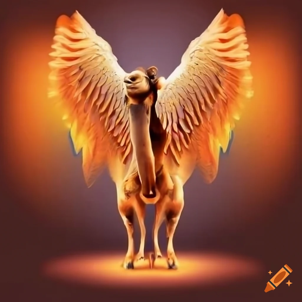 artistic representation of a camel with orange angel wings