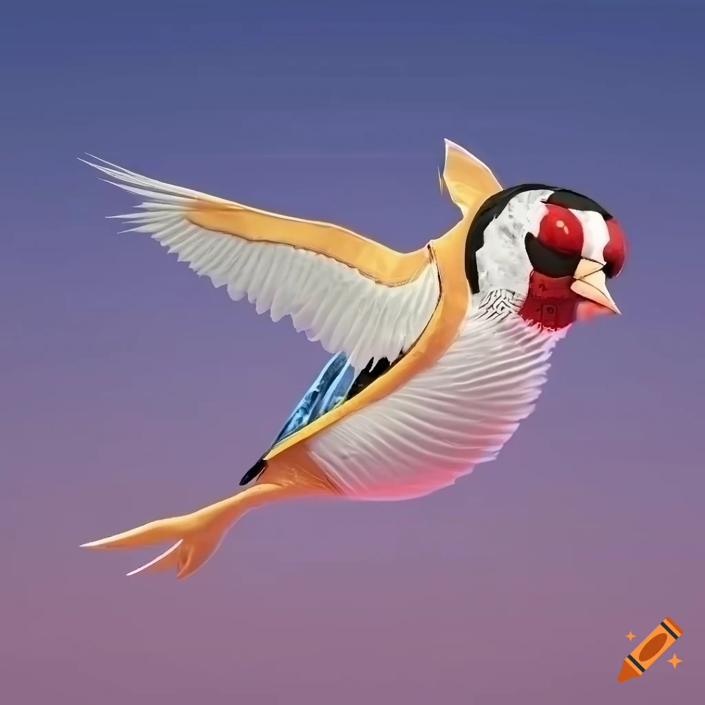 detailed illustration of a European goldfinch in flight